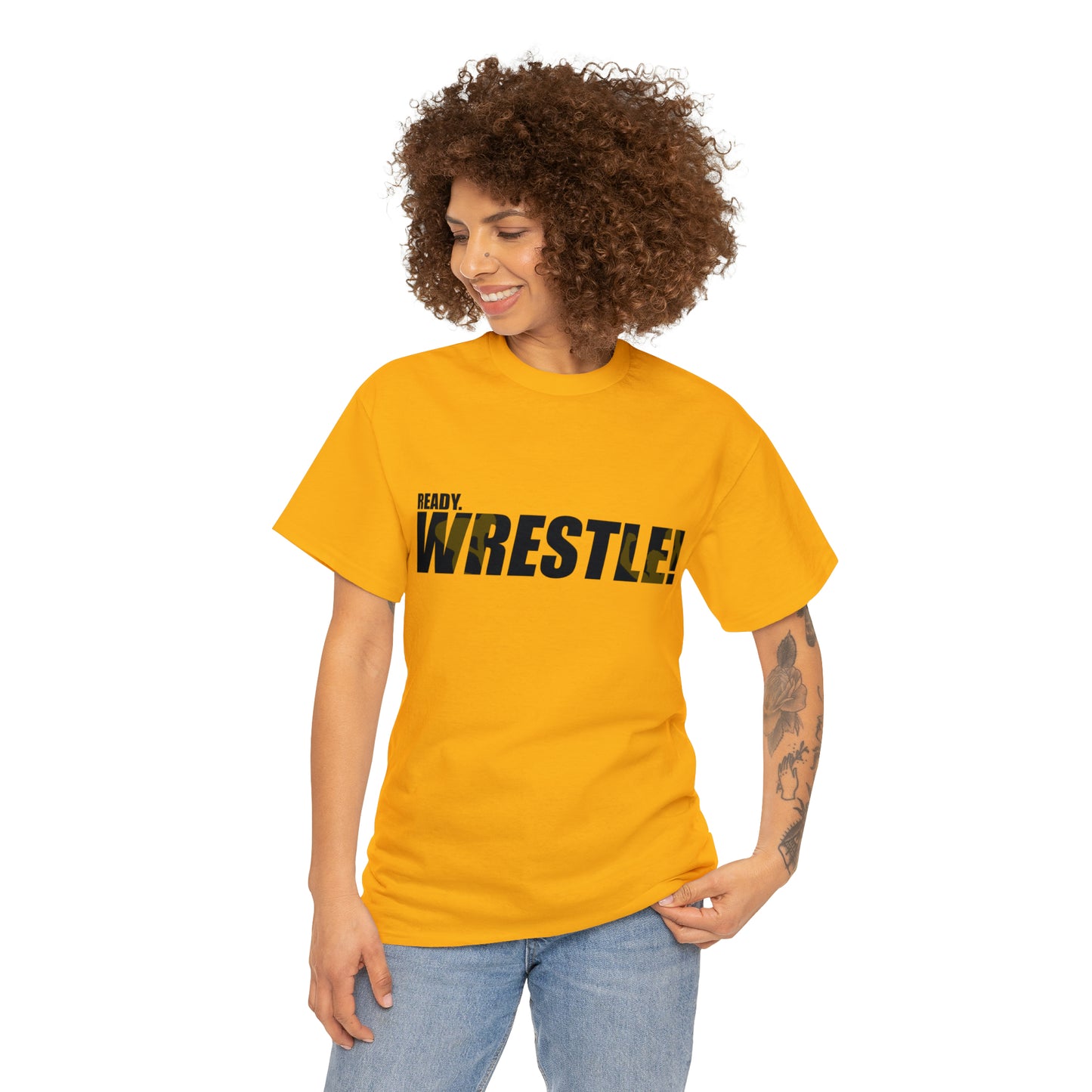 Ready. Wrestle! Black Logo w/Yellow Silhouettes, Unisex Heavy Cotton Tee