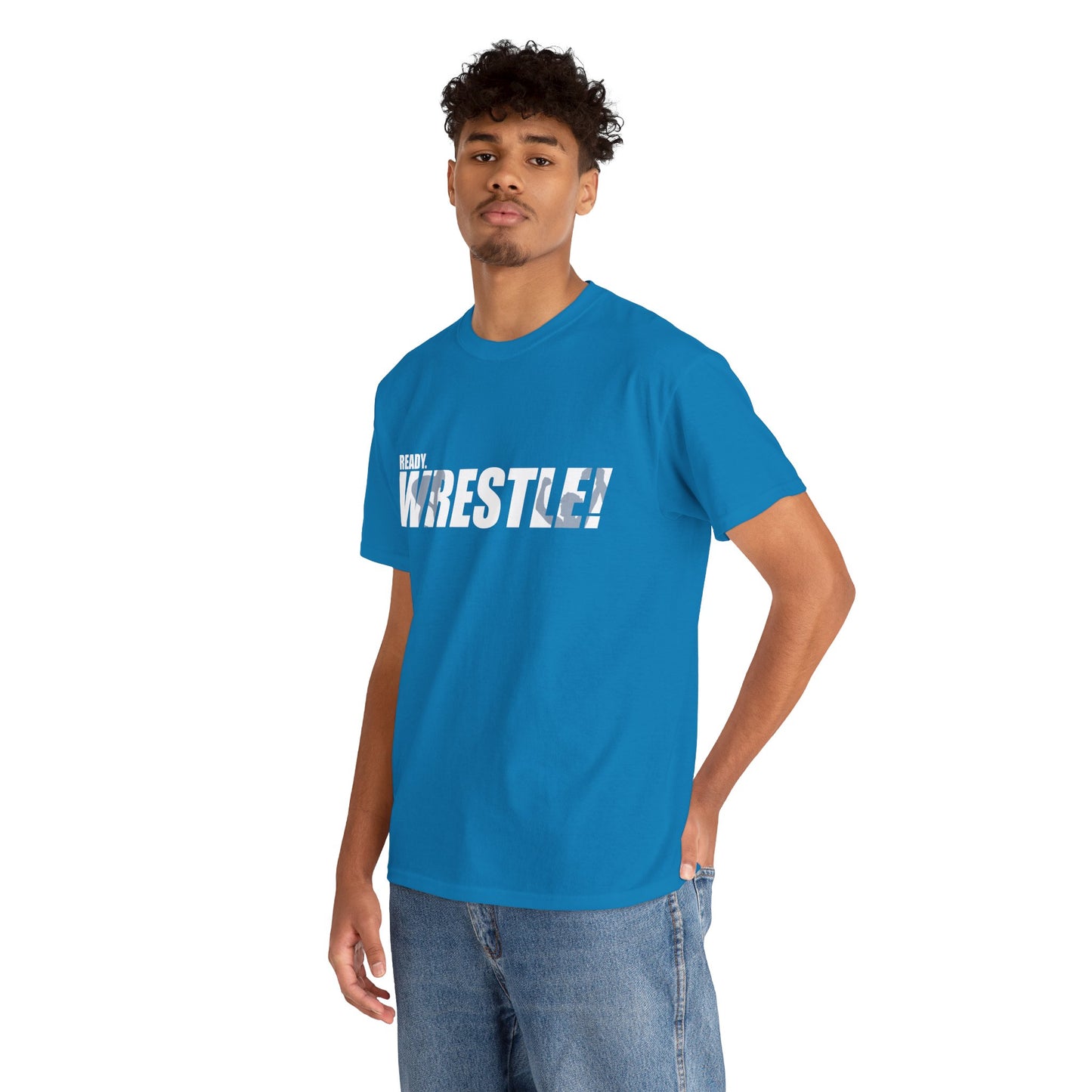 Ready. Wrestle! White Logo w/Blue Silhouettes, Unisex Heavy Cotton Tee