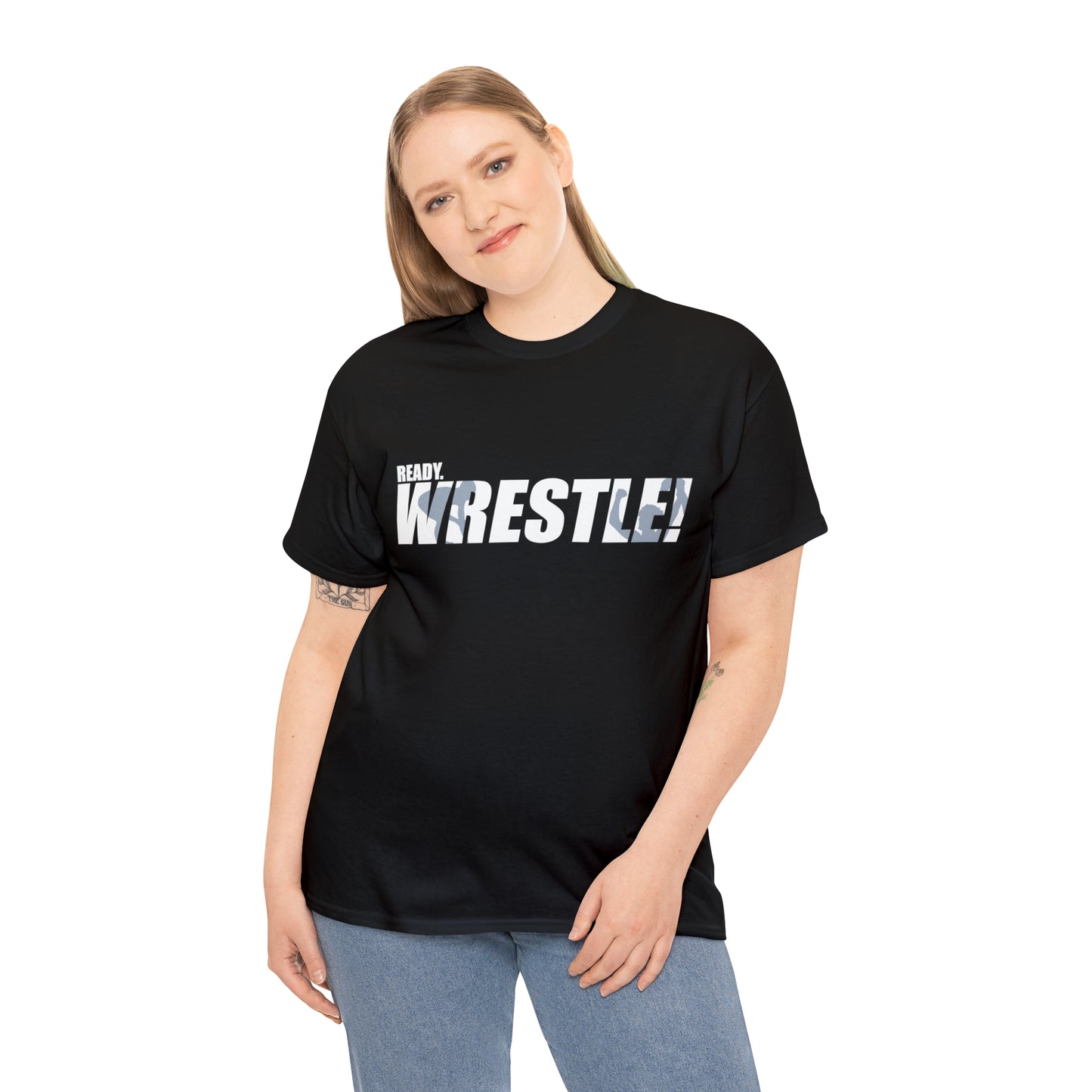 Ready. Wrestle! White Logo w/Blue Silhouettes, Unisex Heavy Cotton Tee