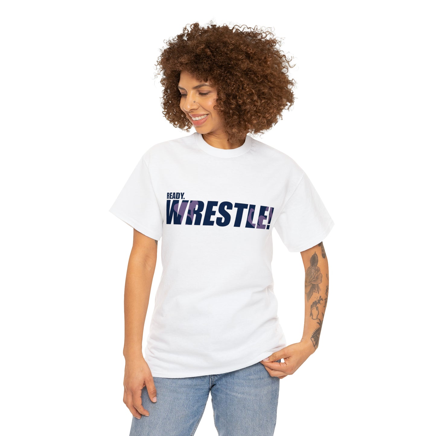 Ready. Wrestle! Navy Logo w/Pink Silhouettes, Unisex Heavy Cotton Tee