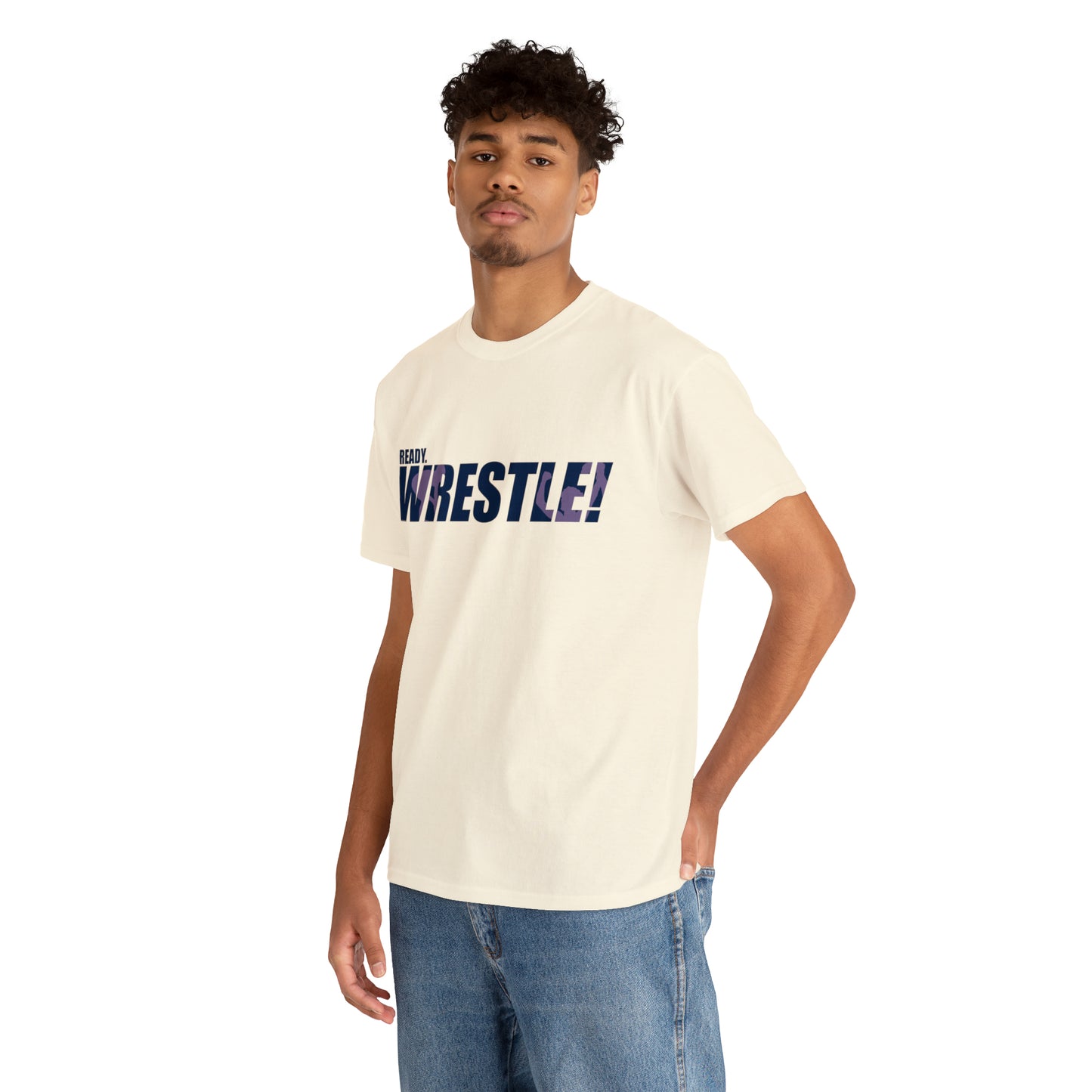 Ready. Wrestle! Navy Logo w/Pink Silhouettes, Unisex Heavy Cotton Tee