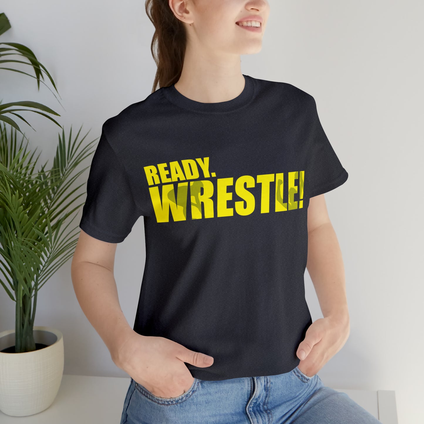 Ready. Wrestle! Gold Logo with Green, Unisex Jersey Short Sleeve Tee