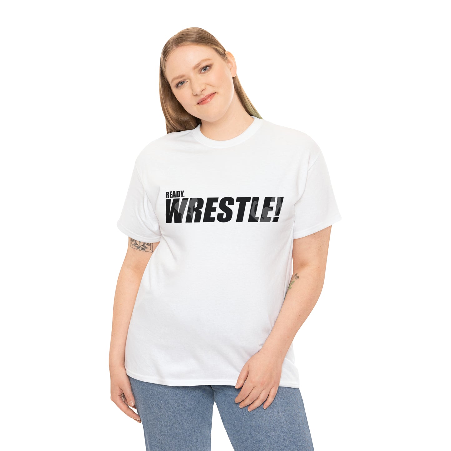 Ready. Wrestle! Black Logo w/White Silhouettes, Unisex Heavy Cotton Tee