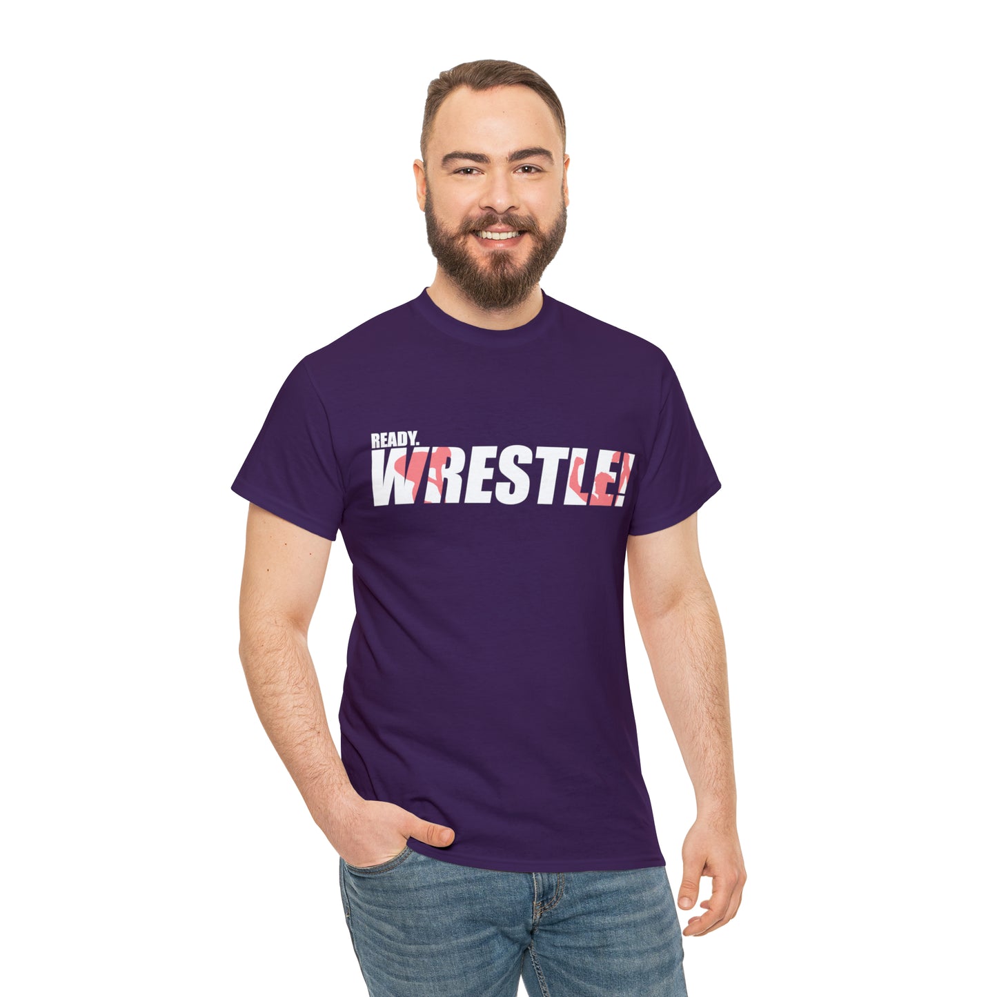 Ready. Wrestle! White Logo w/Red Silhouettes, Unisex Heavy Cotton Tee