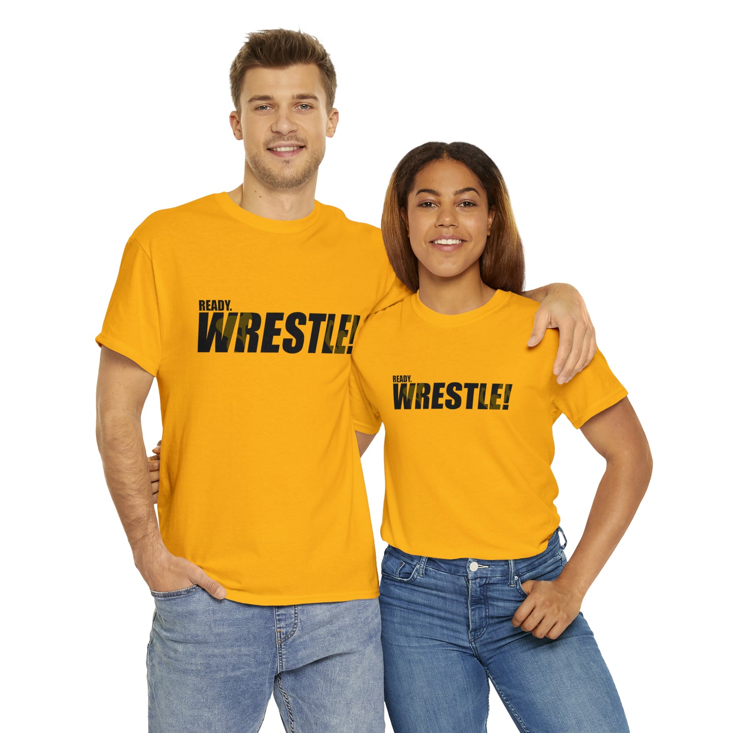 Ready. Wrestle! Black Logo w/Yellow Silhouettes, Unisex Heavy Cotton Tee