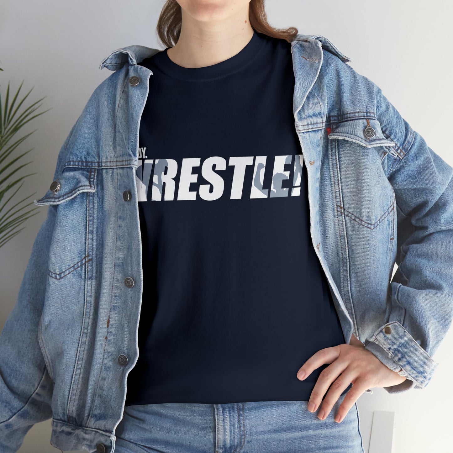 Ready. Wrestle! White Logo w/Blue Silhouettes, Unisex Heavy Cotton Tee