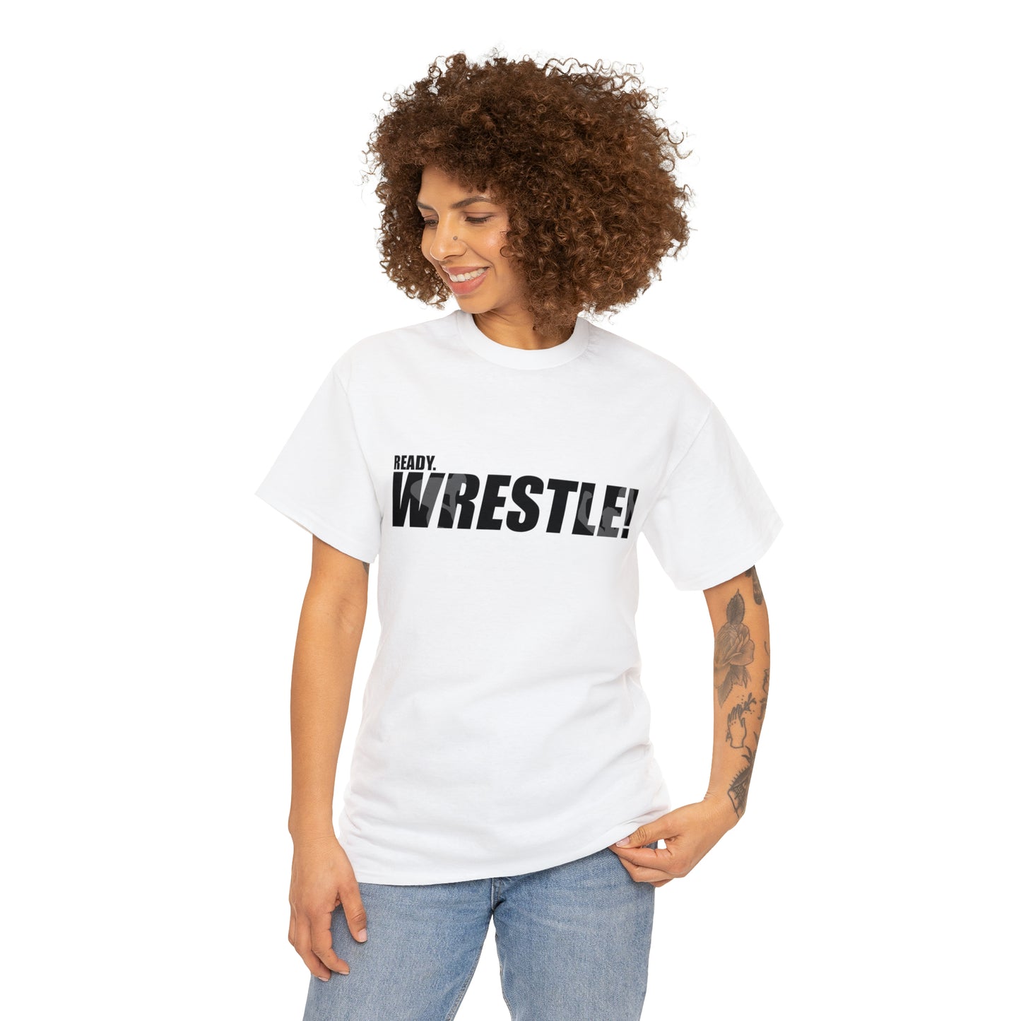 Ready. Wrestle! Black Logo w/White Silhouettes, Unisex Heavy Cotton Tee