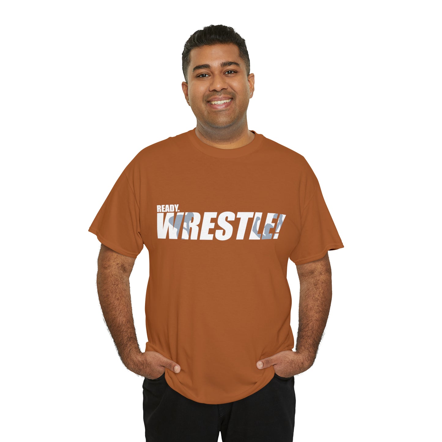 Ready. Wrestle! White Logo w/Blue Silhouettes, Unisex Heavy Cotton Tee