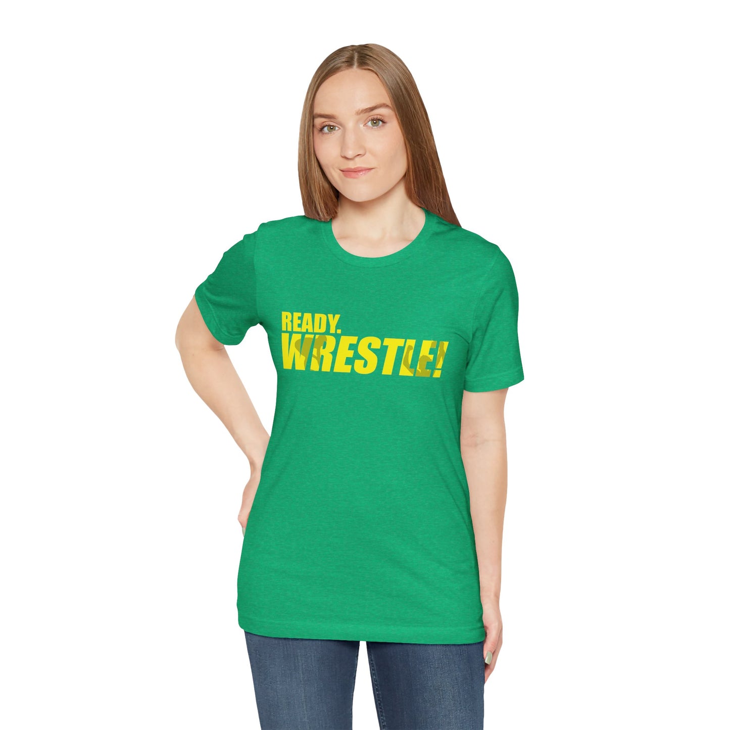 Ready. Wrestle! Gold Logo with Green, Unisex Jersey Short Sleeve Tee