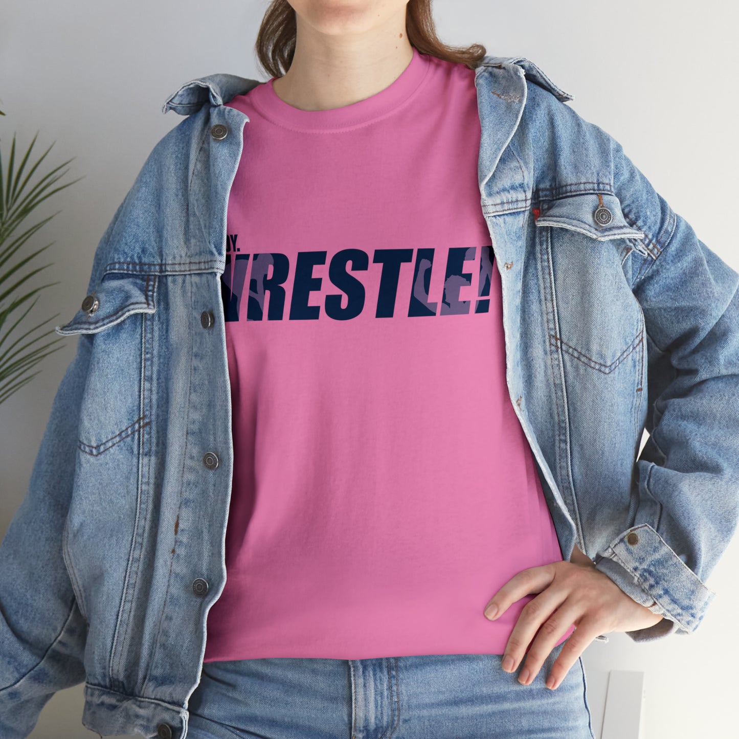 Ready. Wrestle! Navy Logo w/Pink Silhouettes, Unisex Heavy Cotton Tee