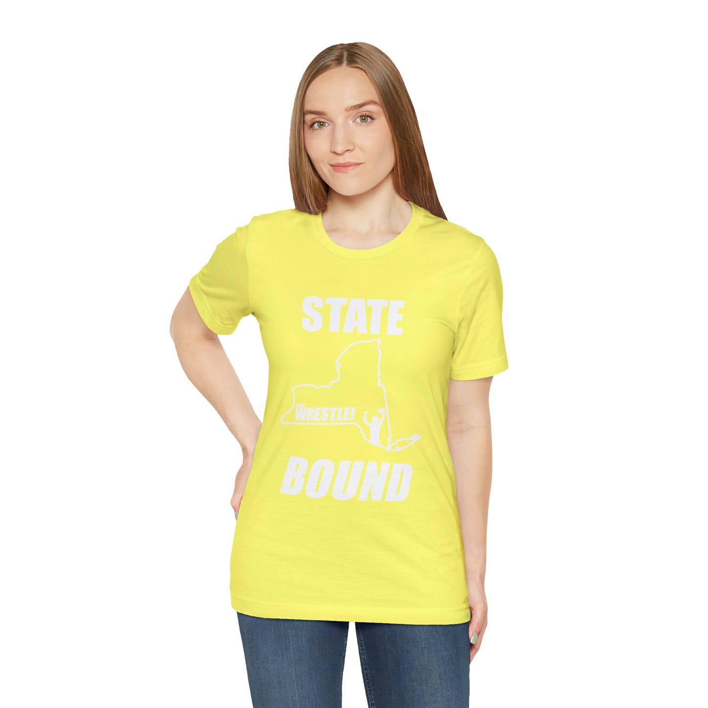 New York State Bound, Unisex Jersey Short Sleeve Tee, White Logo