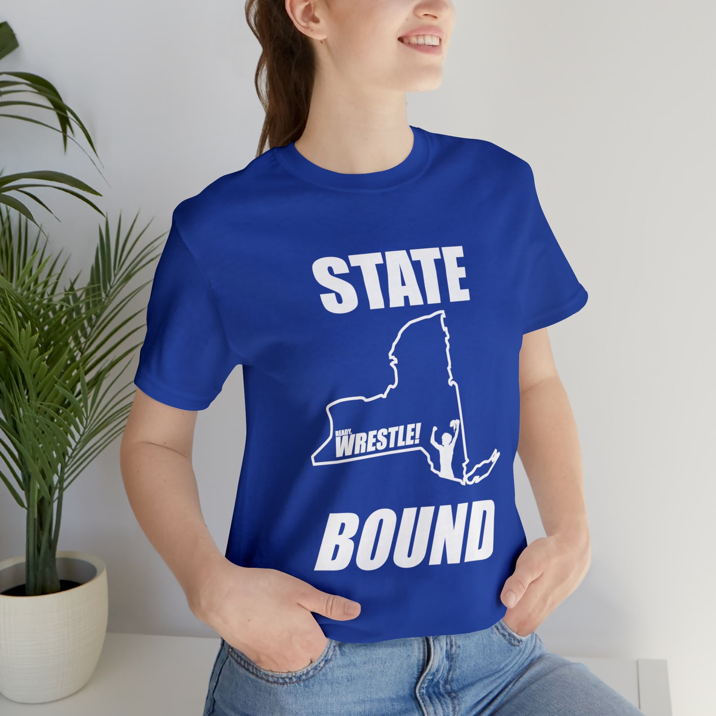 New York State Bound, Unisex Jersey Short Sleeve Tee, White Logo