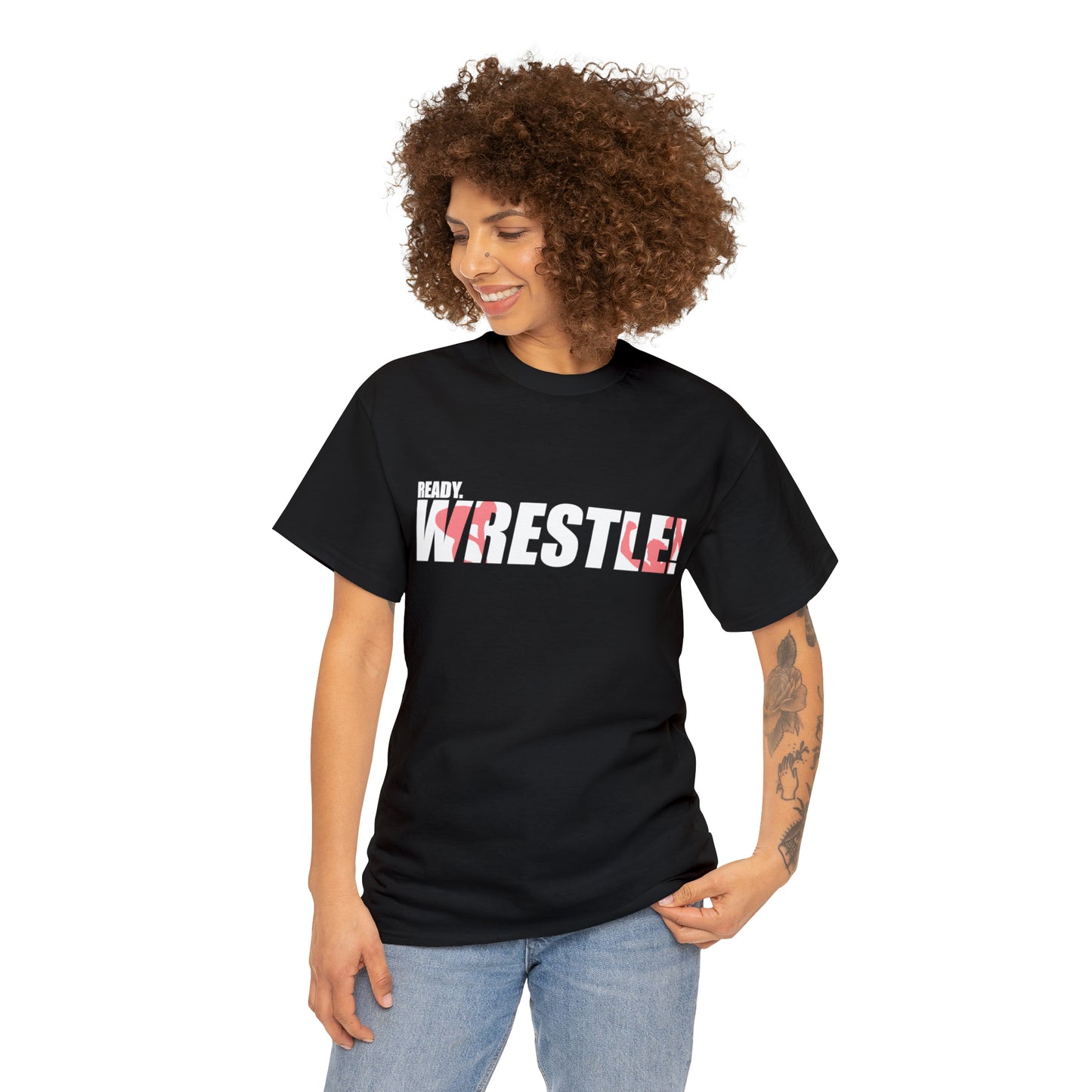 Ready. Wrestle! White Logo w/Red Silhouettes, Unisex Heavy Cotton Tee