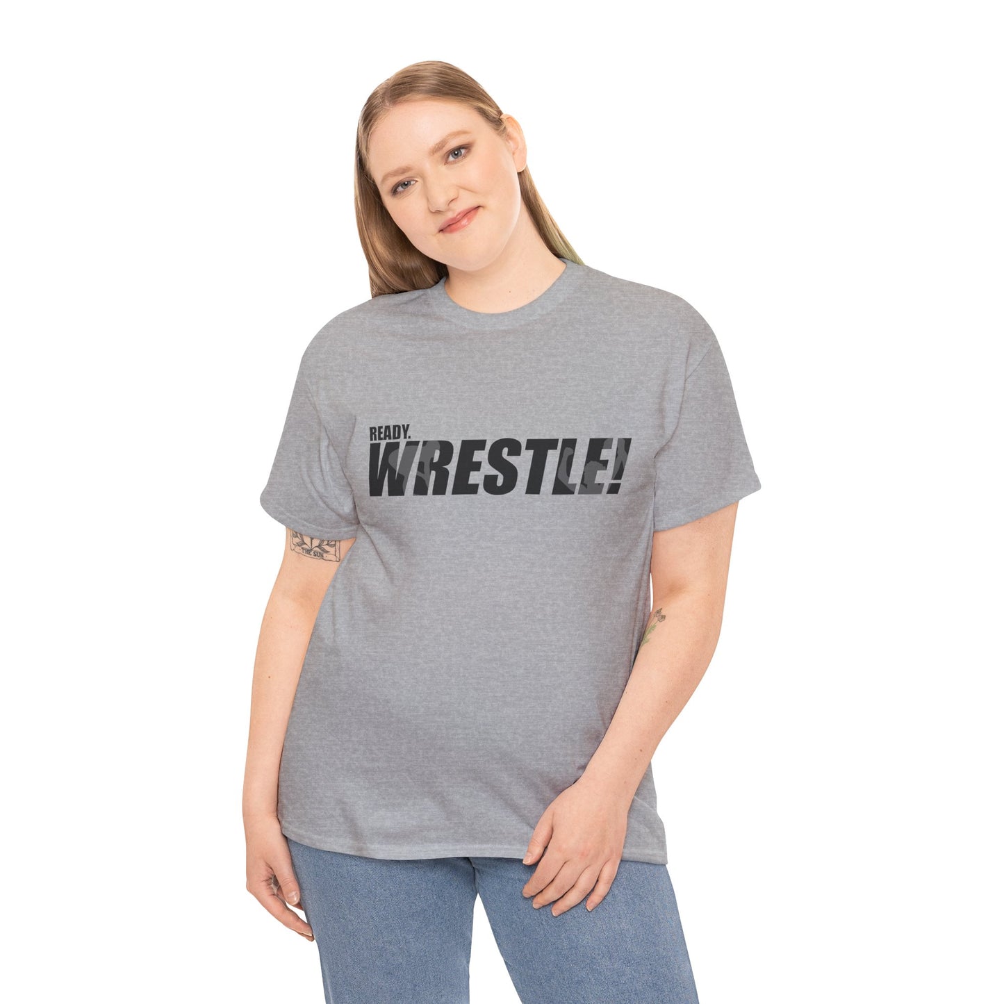 Ready. Wrestle! Black Logo w/White Silhouettes, Unisex Heavy Cotton Tee