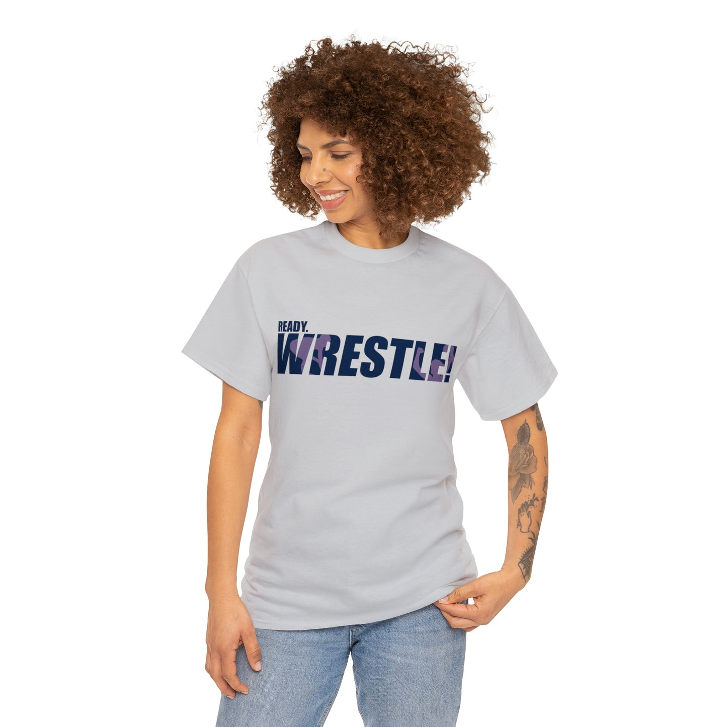 Ready. Wrestle! Navy Logo w/Pink Silhouettes, Unisex Heavy Cotton Tee