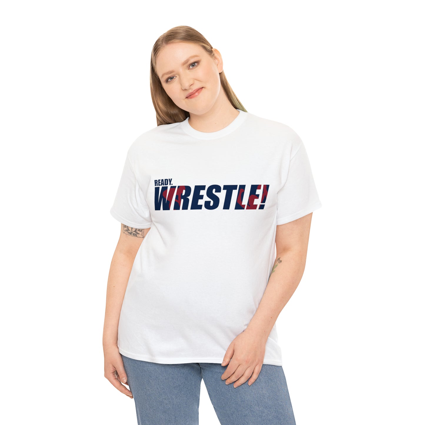 Ready. Wrestle! Navy Logo w/Red Silhouettes, Unisex Heavy Cotton Tee