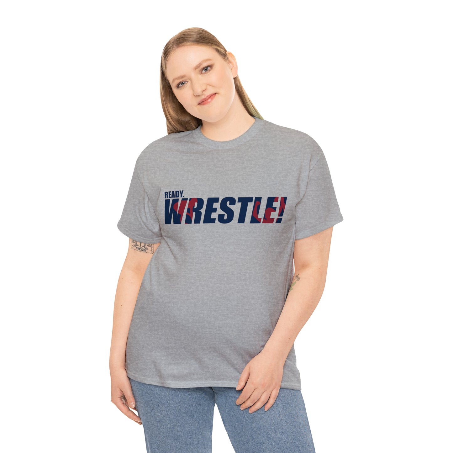 Ready. Wrestle! Navy Logo w/Red Silhouettes, Unisex Heavy Cotton Tee