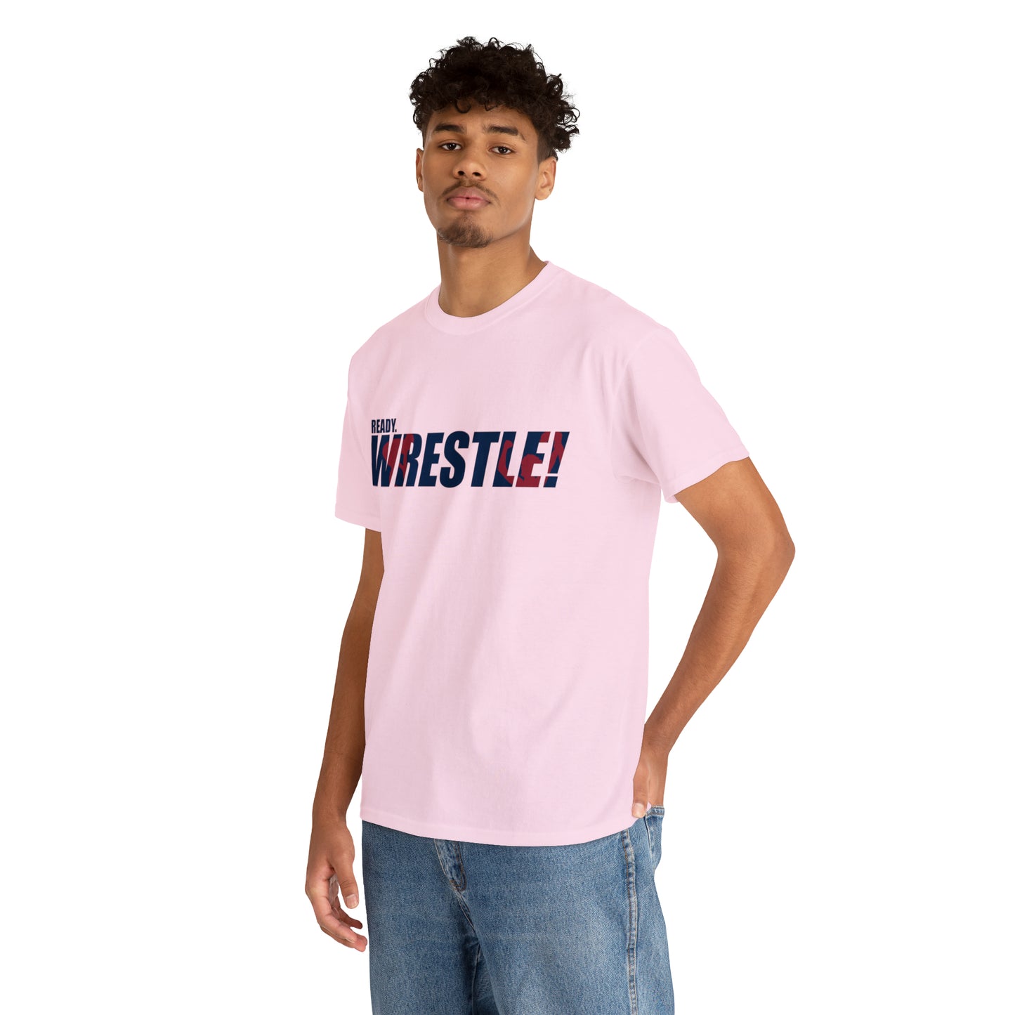 Ready. Wrestle! Navy Logo w/Red Silhouettes, Unisex Heavy Cotton Tee