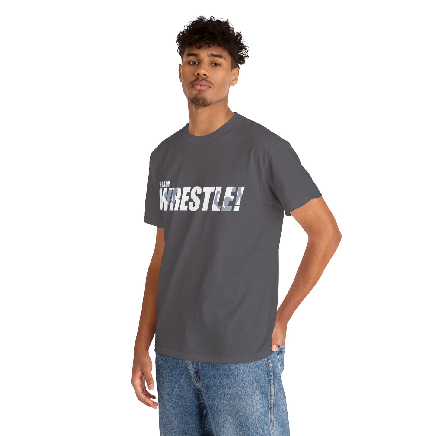 Ready. Wrestle! White Logo w/Blue Silhouettes, Unisex Heavy Cotton Tee
