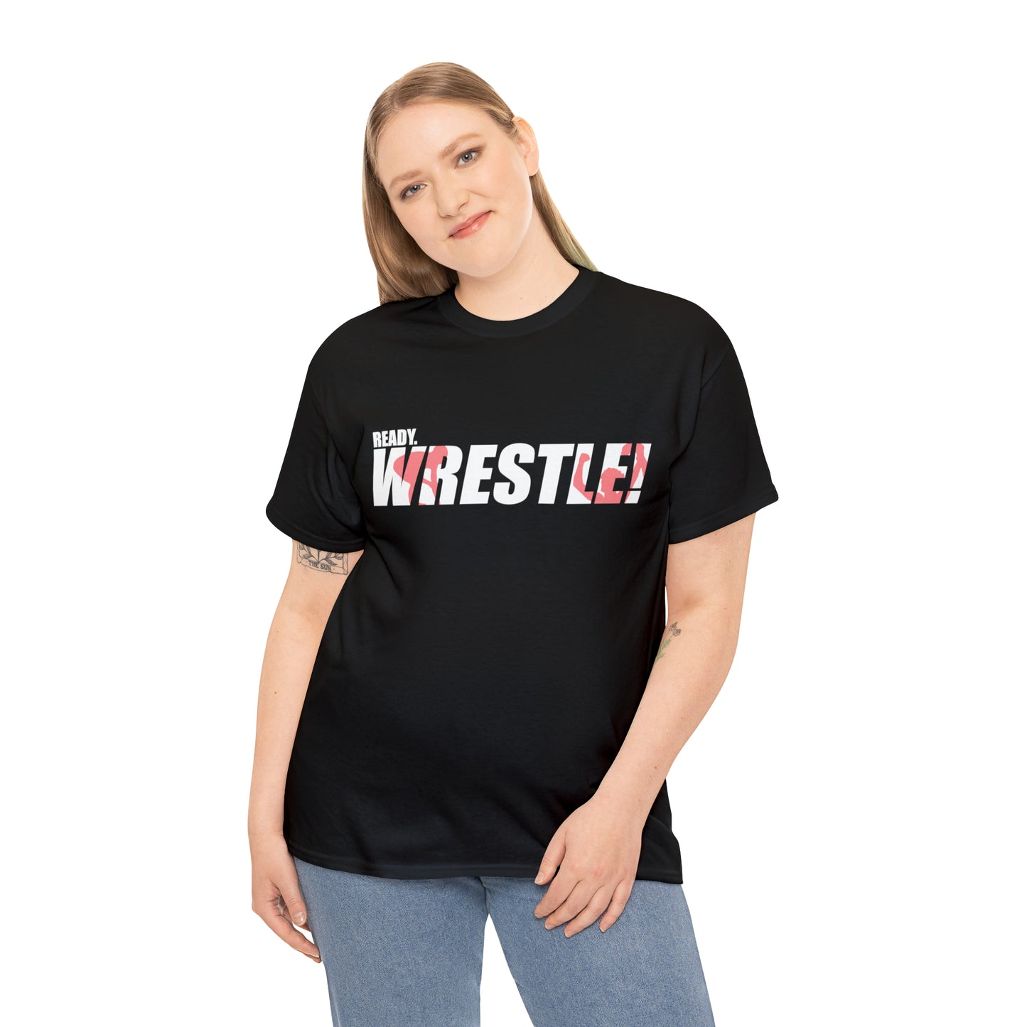 Ready. Wrestle! White Logo w/Red Silhouettes, Unisex Heavy Cotton Tee