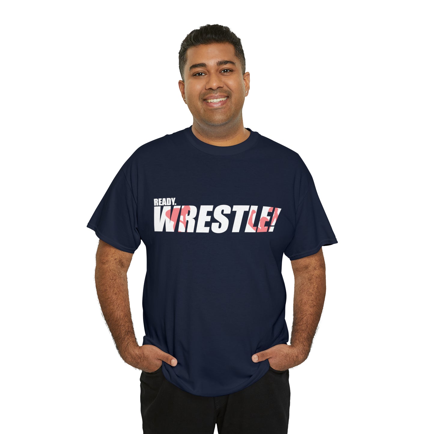 Ready. Wrestle! White Logo w/Red Silhouettes, Unisex Heavy Cotton Tee