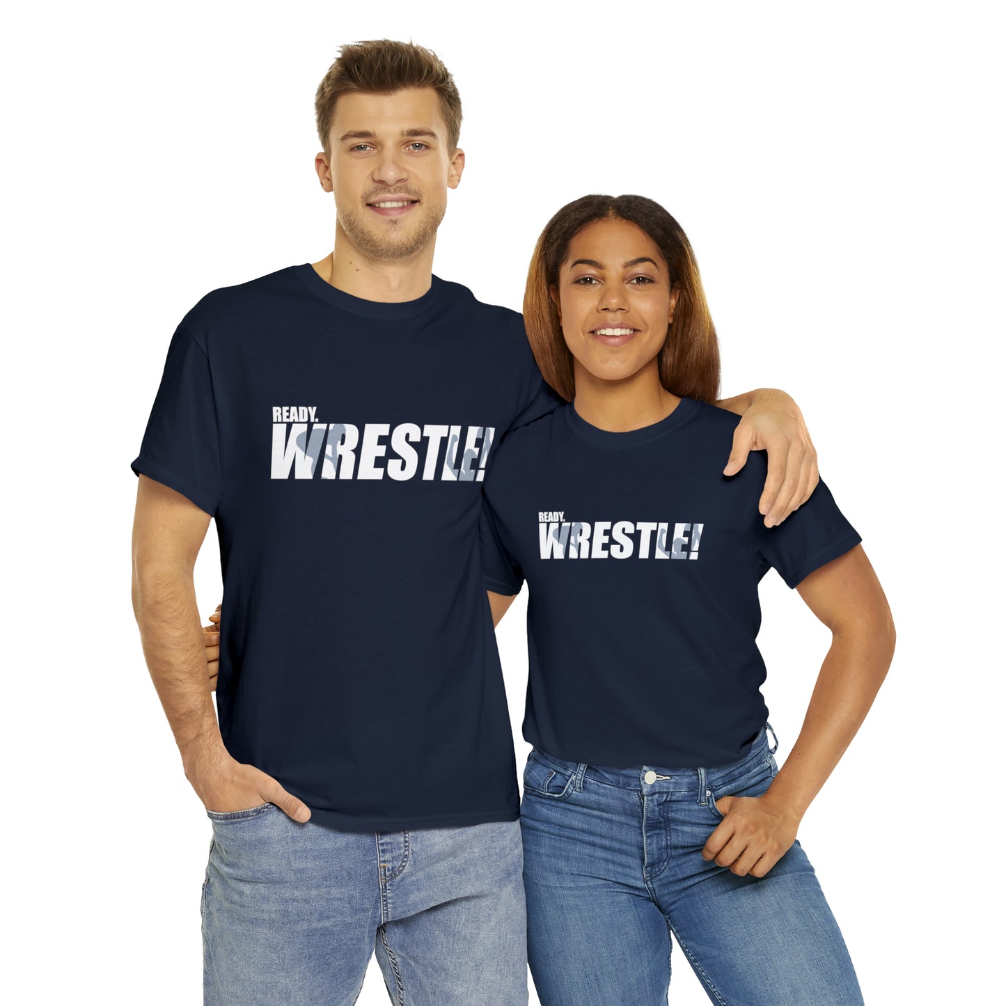 Ready. Wrestle! White Logo w/Blue Silhouettes, Unisex Heavy Cotton Tee