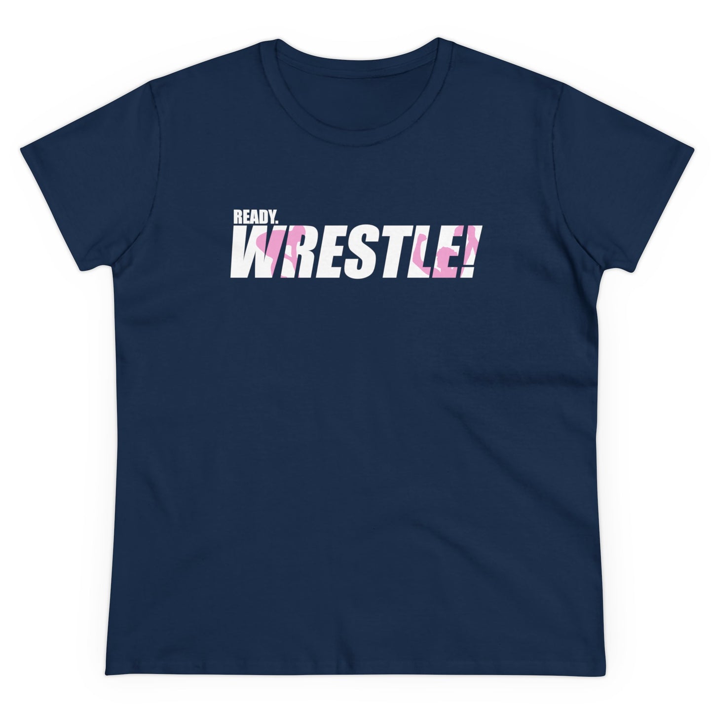 Ready. Wrestle! Women's Midweight Cotton Tee, White/Pink Logo