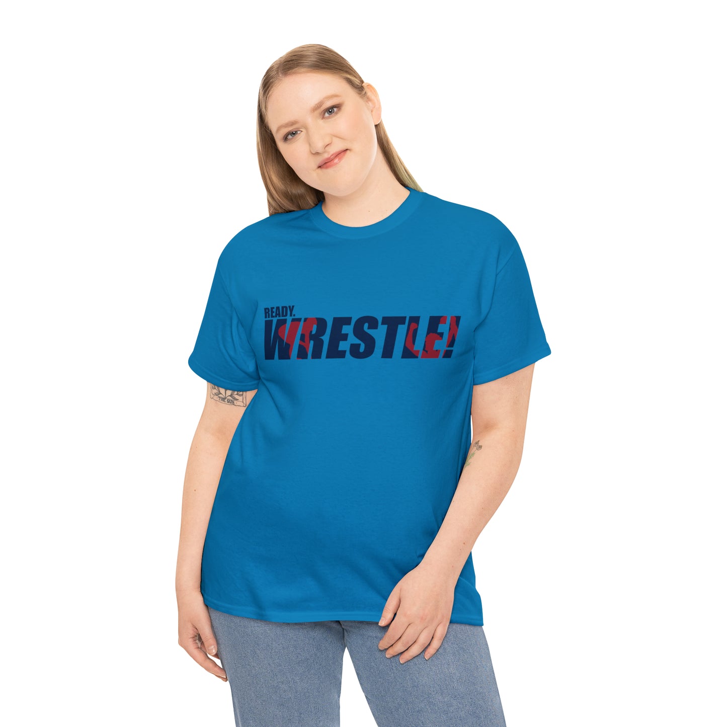 Ready. Wrestle! Navy Logo w/Red Silhouettes, Unisex Heavy Cotton Tee