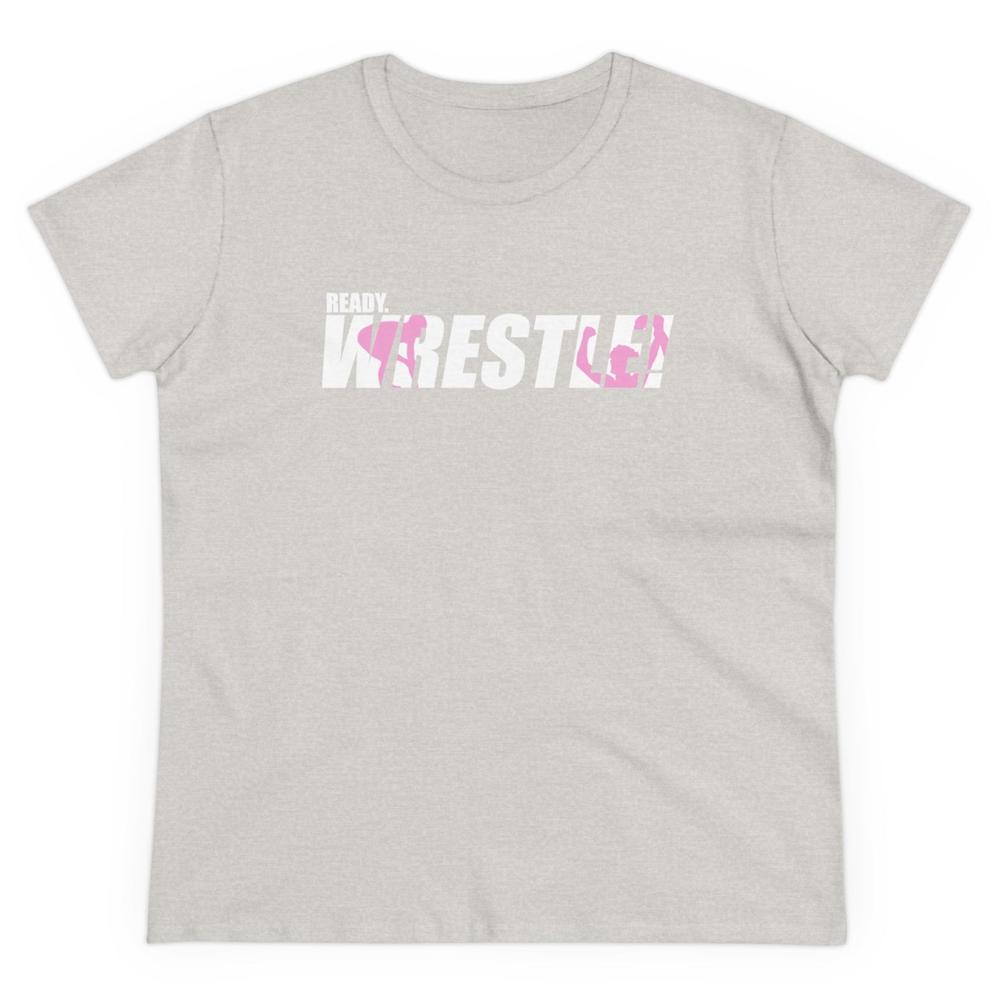 Ready. Wrestle! Women's Midweight Cotton Tee, White/Pink Logo