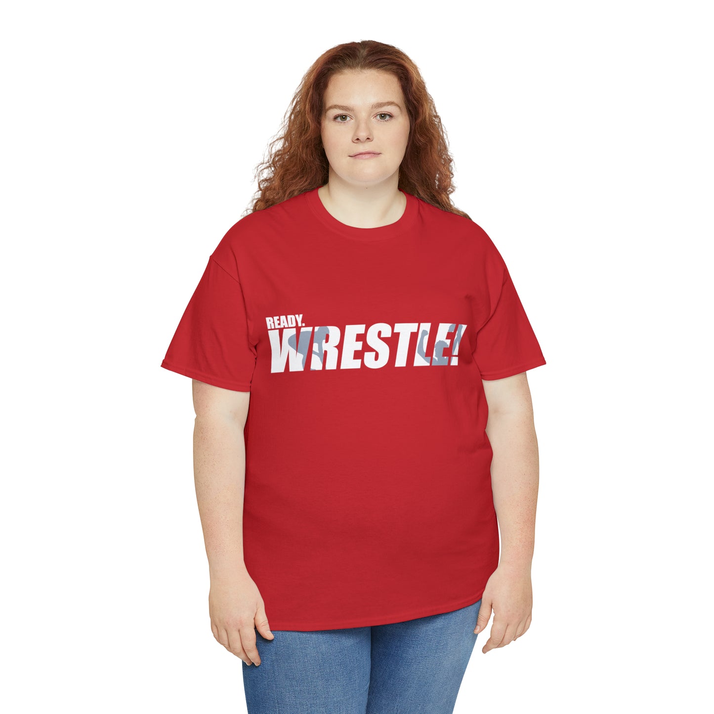 Ready. Wrestle! White Logo w/Blue Silhouettes, Unisex Heavy Cotton Tee