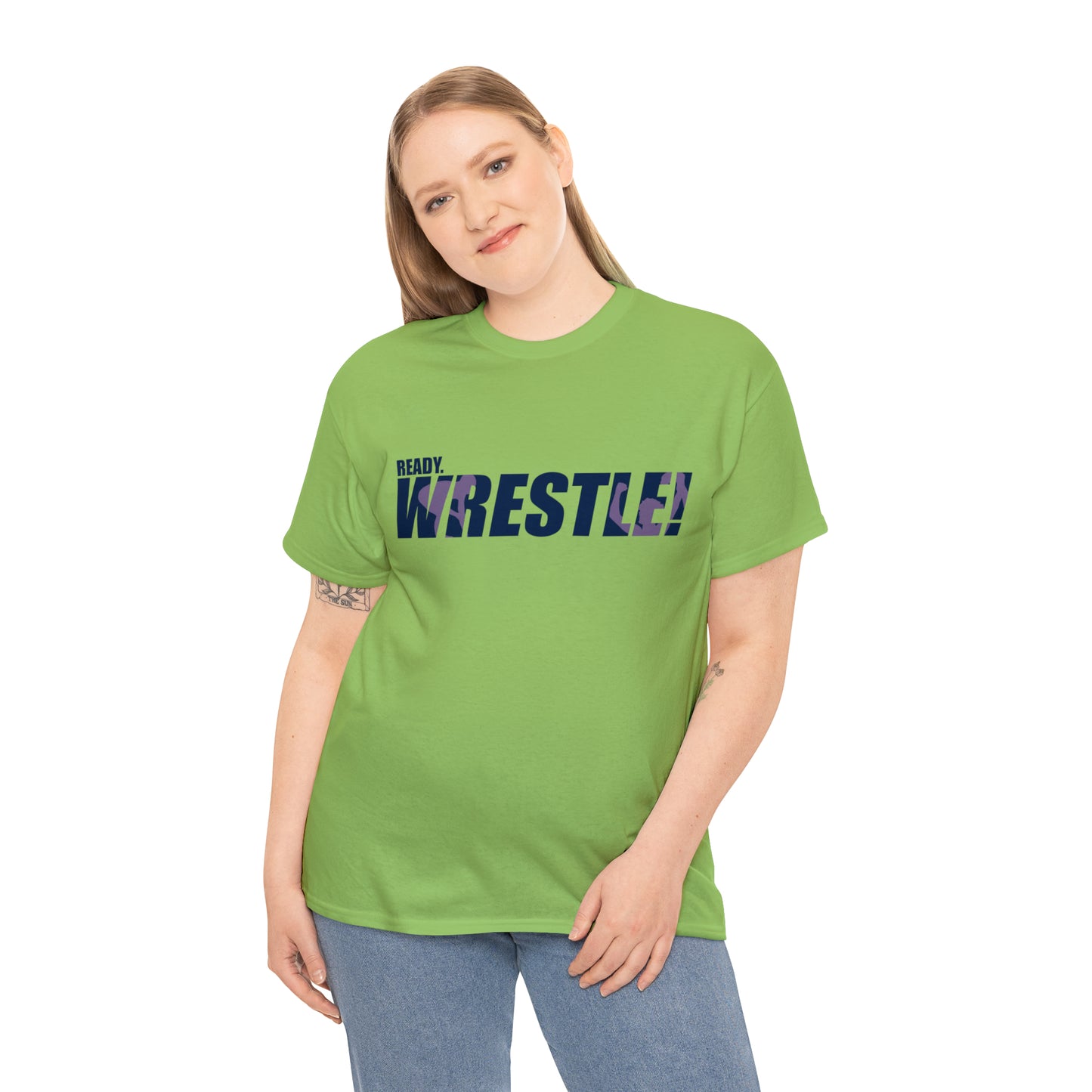 Ready. Wrestle! Navy Logo w/Pink Silhouettes, Unisex Heavy Cotton Tee