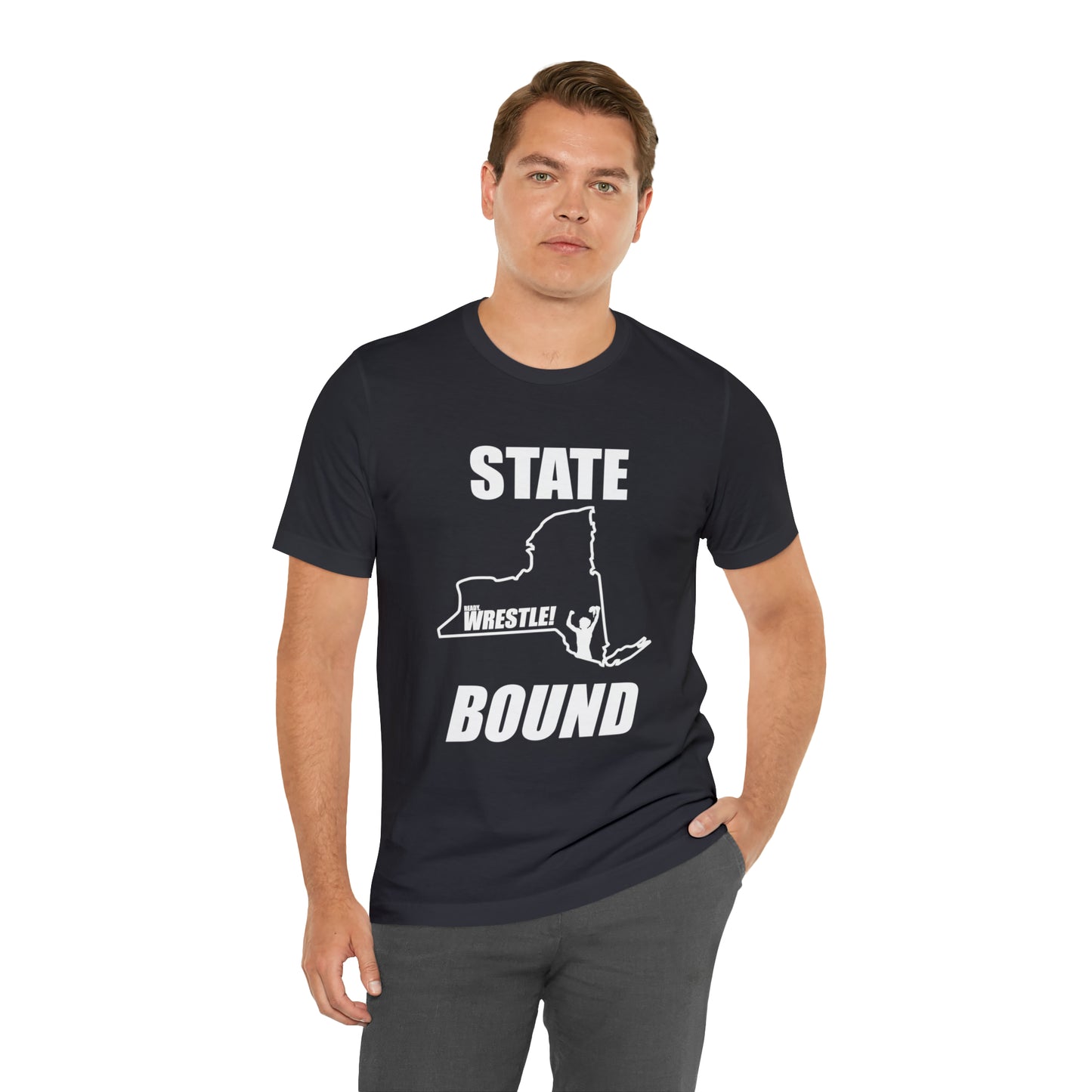 New York State Bound, Unisex Jersey Short Sleeve Tee, White Logo