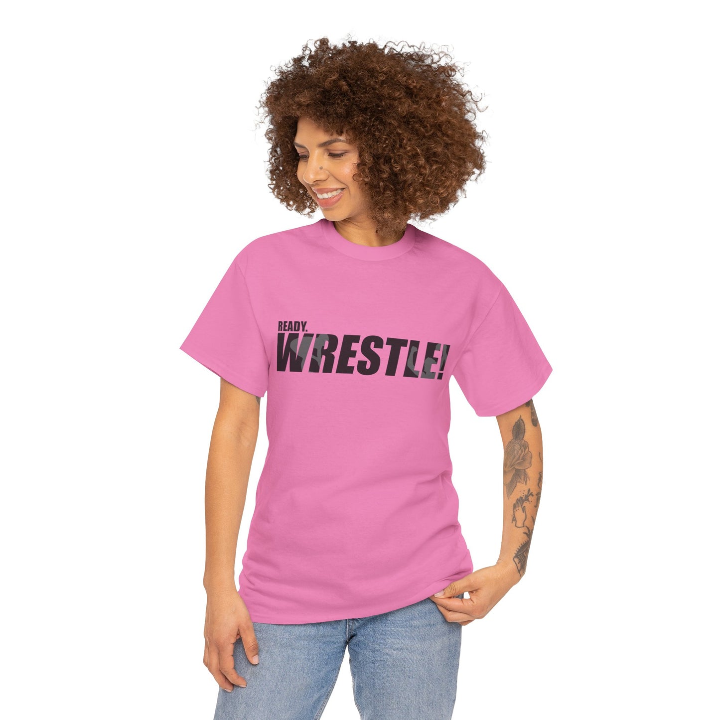 Ready. Wrestle! Black Logo w/White Silhouettes, Unisex Heavy Cotton Tee