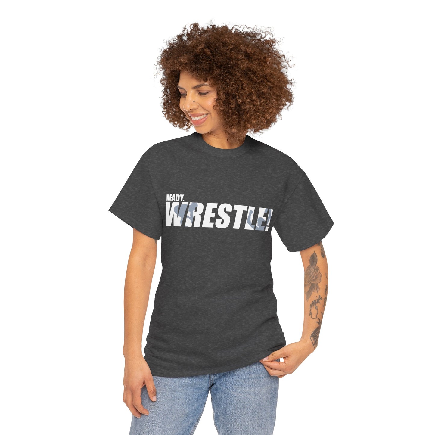 Ready. Wrestle! White Logo w/Blue Silhouettes, Unisex Heavy Cotton Tee