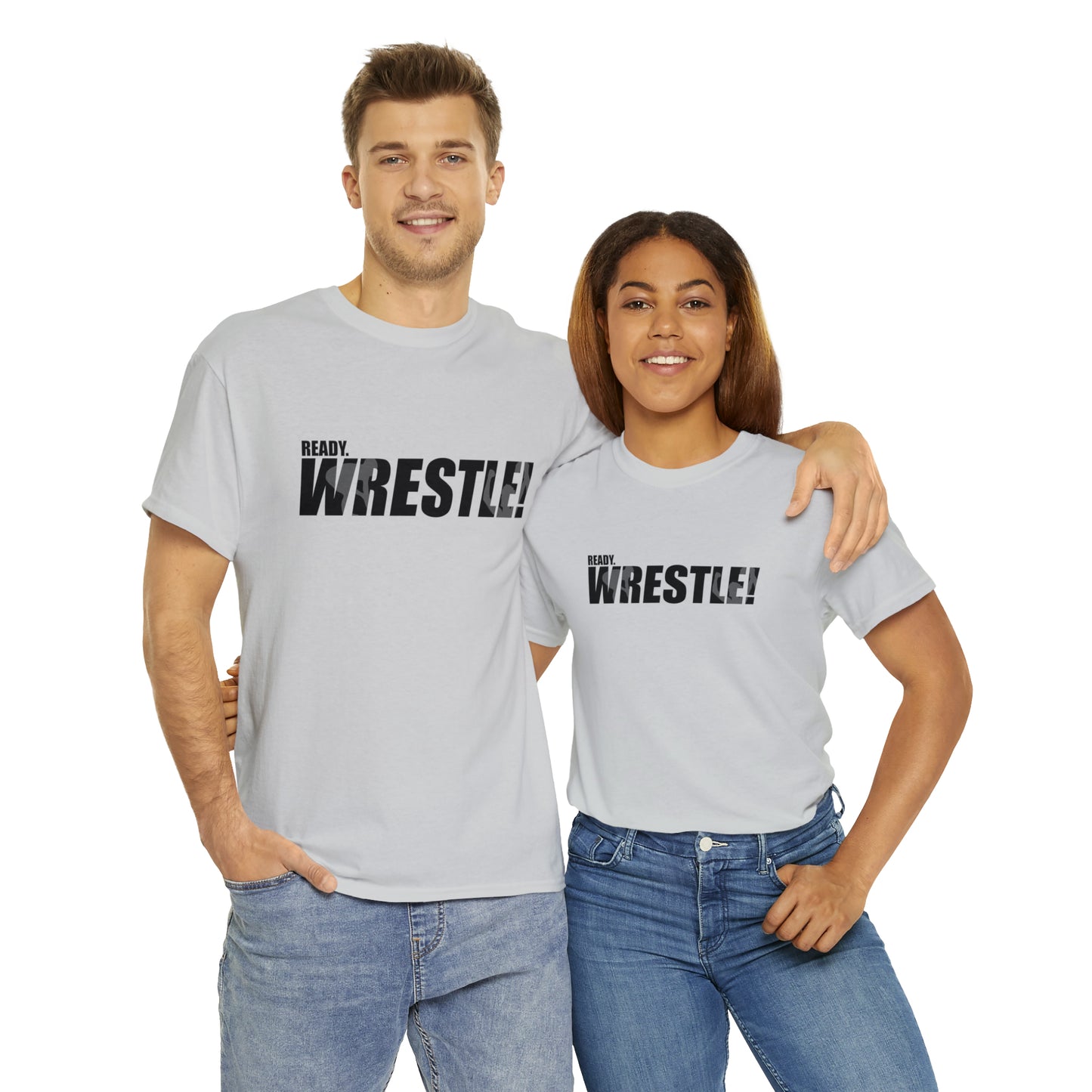 Ready. Wrestle! Black Logo w/White Silhouettes, Unisex Heavy Cotton Tee