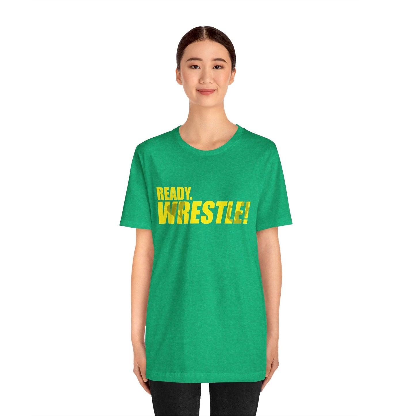 Ready. Wrestle! Gold Logo with Green, Unisex Jersey Short Sleeve Tee