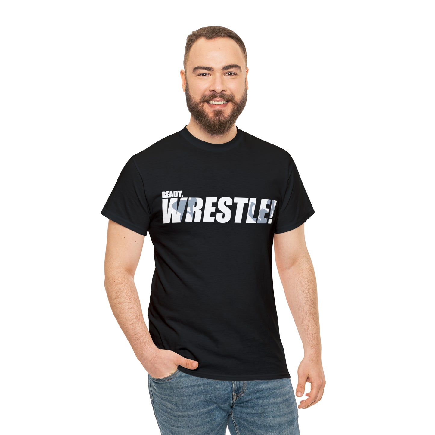 Ready. Wrestle! White Logo w/Blue Silhouettes, Unisex Heavy Cotton Tee