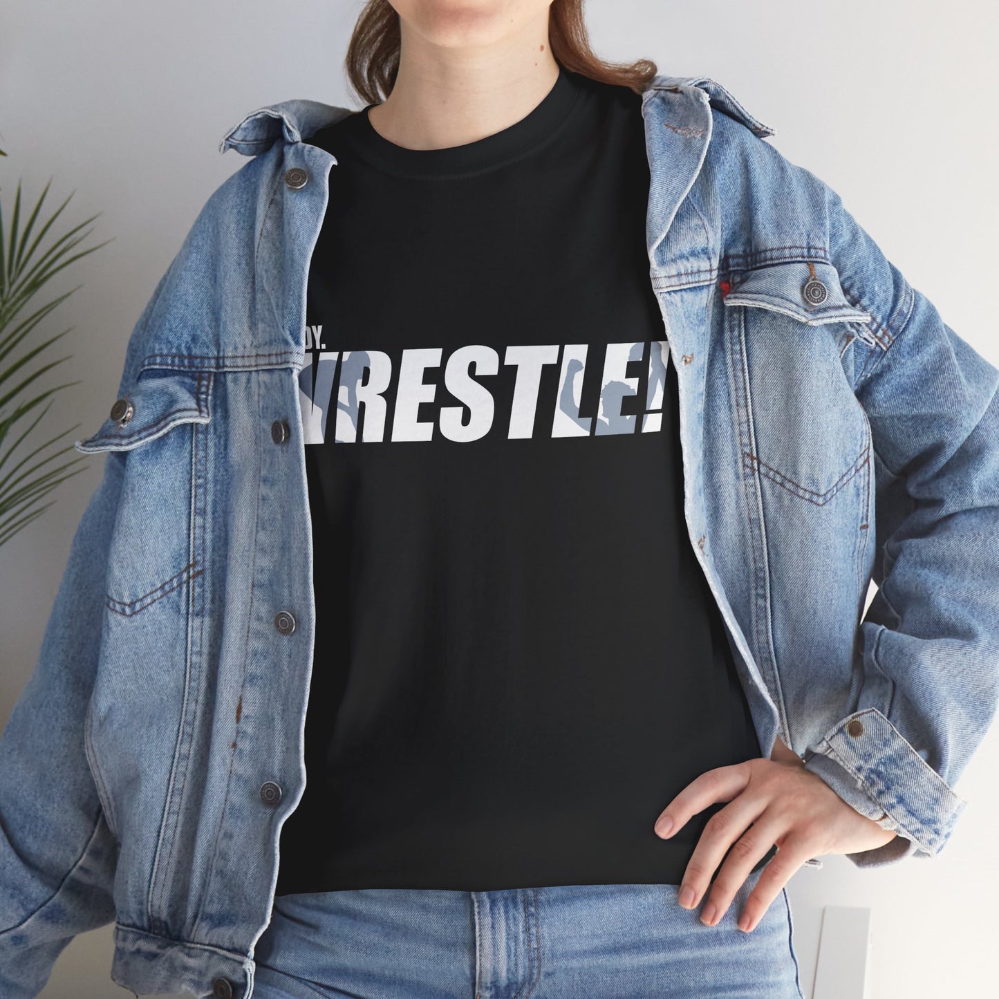 Ready. Wrestle! White Logo w/Blue Silhouettes, Unisex Heavy Cotton Tee
