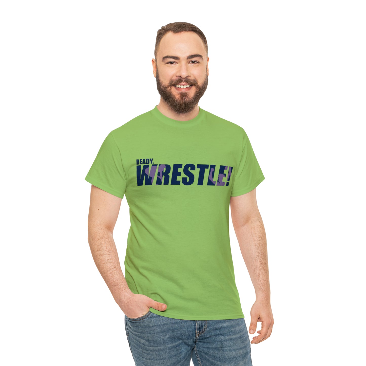 Ready. Wrestle! Navy Logo w/Pink Silhouettes, Unisex Heavy Cotton Tee