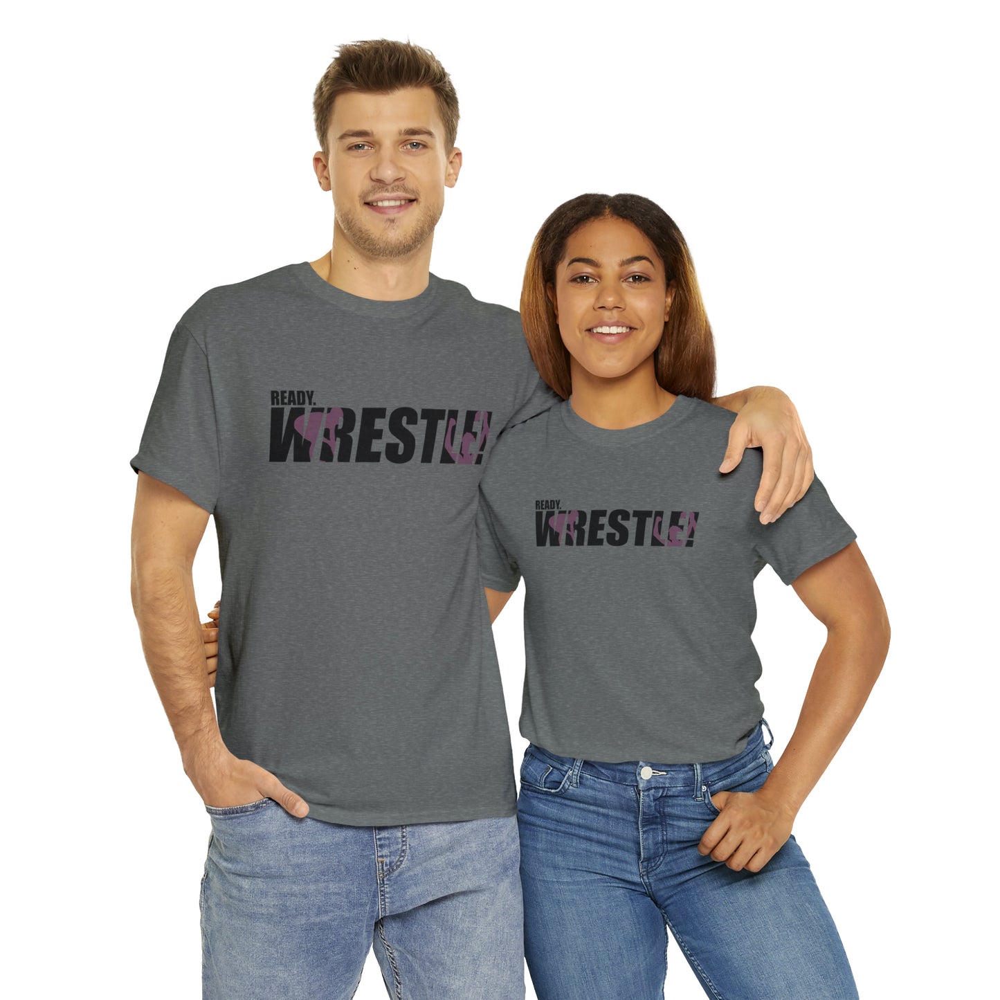 Ready. Wrestle! Black Logo w/Pink Silhouettes, Unisex Heavy Cotton Tee