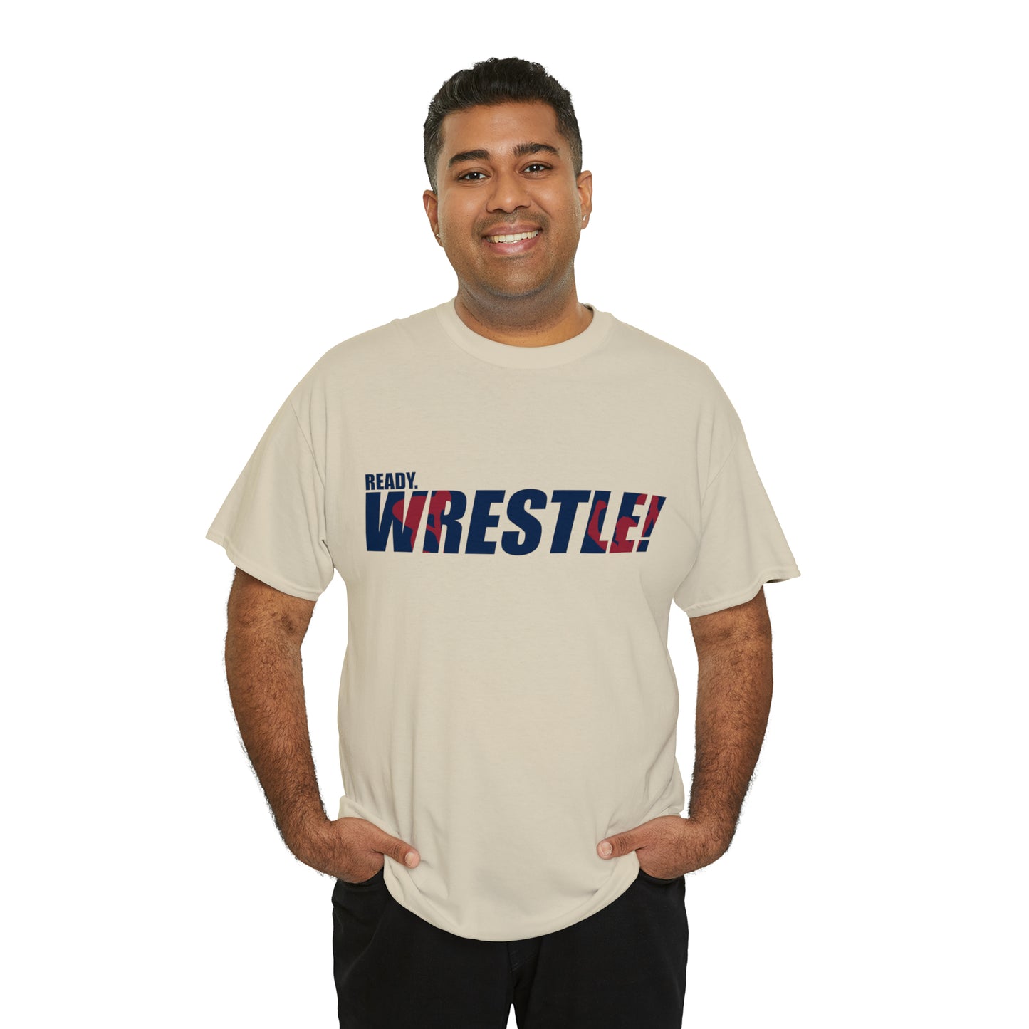 Ready. Wrestle! Navy Logo w/Red Silhouettes, Unisex Heavy Cotton Tee