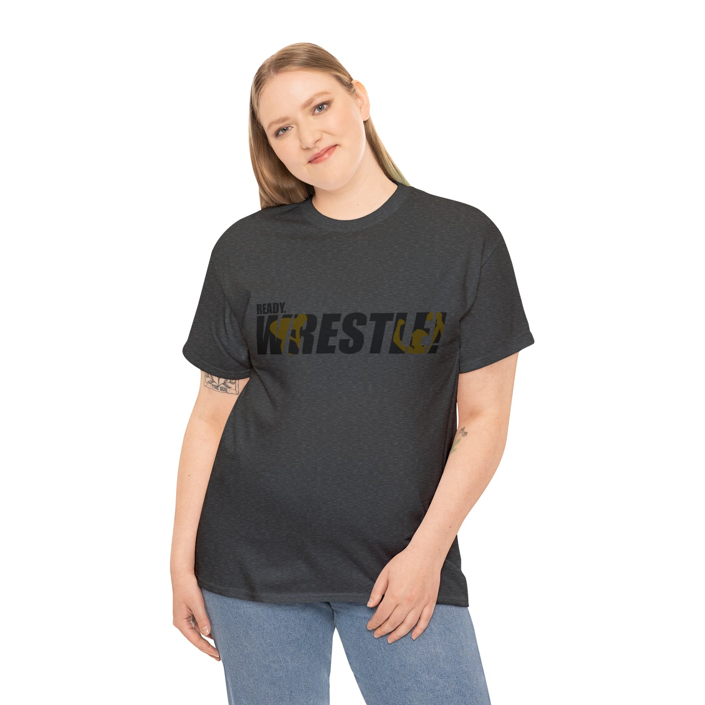 Ready. Wrestle! Black Logo w/Yellow Silhouettes, Unisex Heavy Cotton Tee