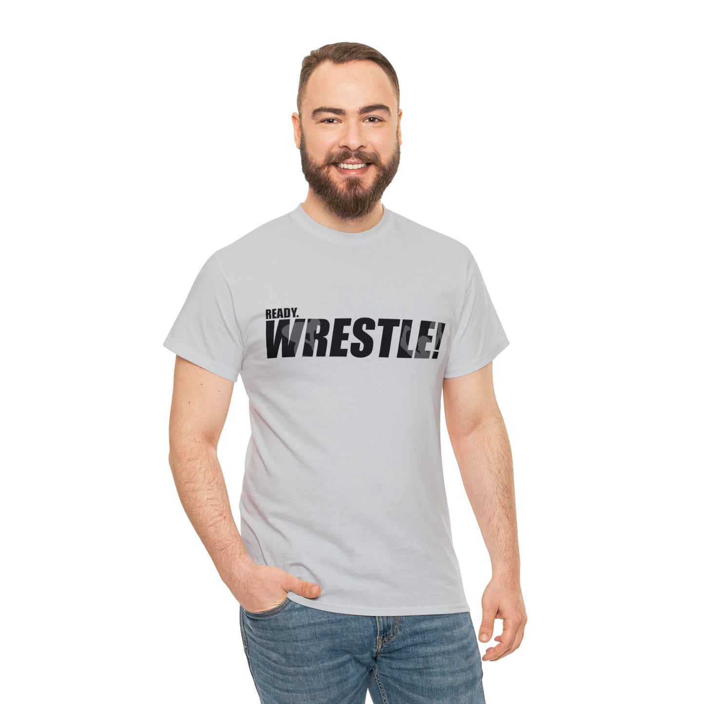 Ready. Wrestle! Black Logo w/White Silhouettes, Unisex Heavy Cotton Tee