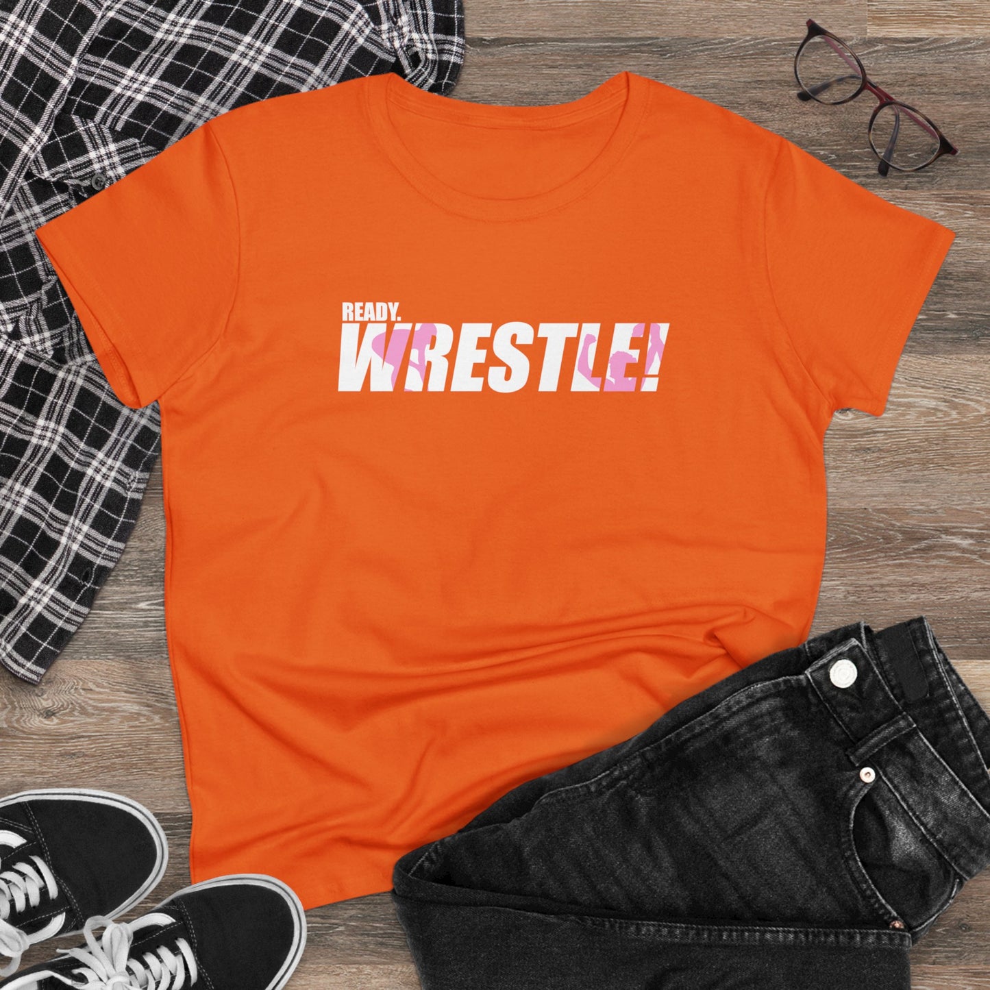 Ready. Wrestle! Women's Midweight Cotton Tee, White/Pink Logo