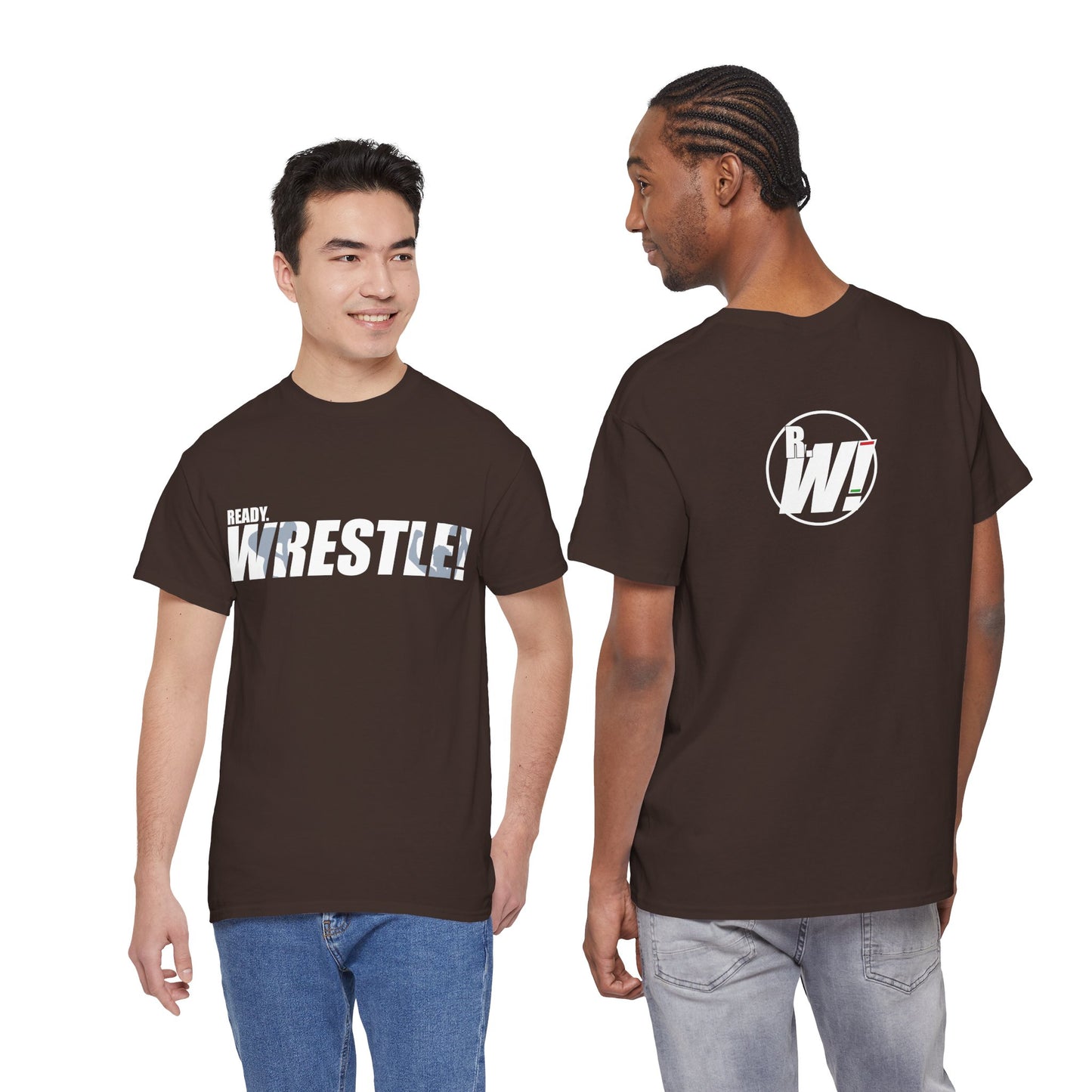 Ready. Wrestle! White Logo w/Blue Silhouettes, Unisex Heavy Cotton Tee