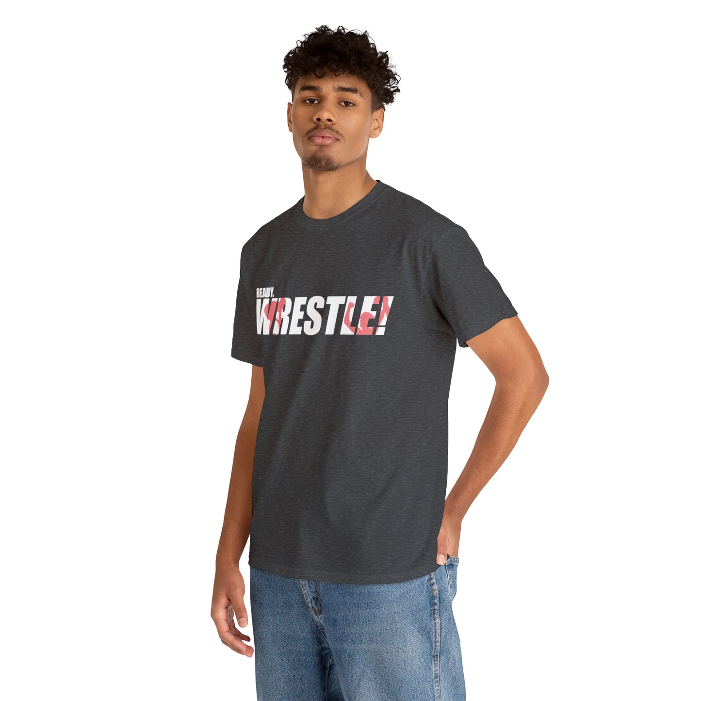 Ready. Wrestle! White Logo w/Red Silhouettes, Unisex Heavy Cotton Tee