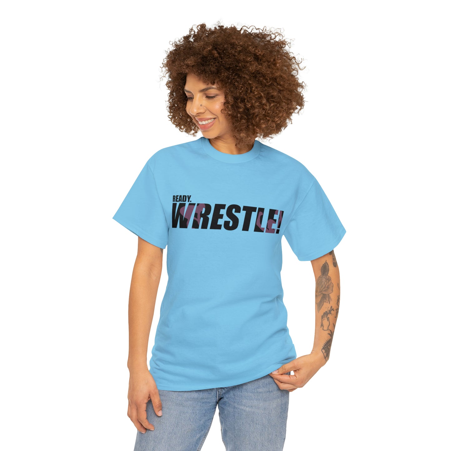 Ready. Wrestle! Black Logo w/Pink Silhouettes, Unisex Heavy Cotton Tee