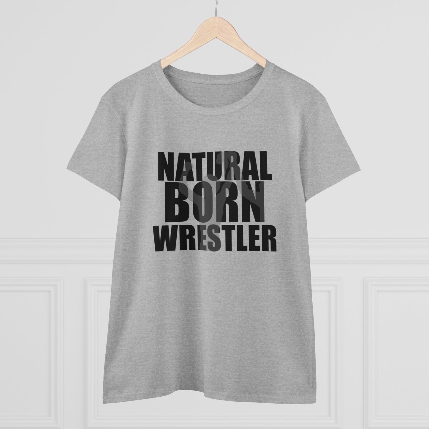 Natural Born Wrestler, Women's Midweight Cotton Tee, Black Letters