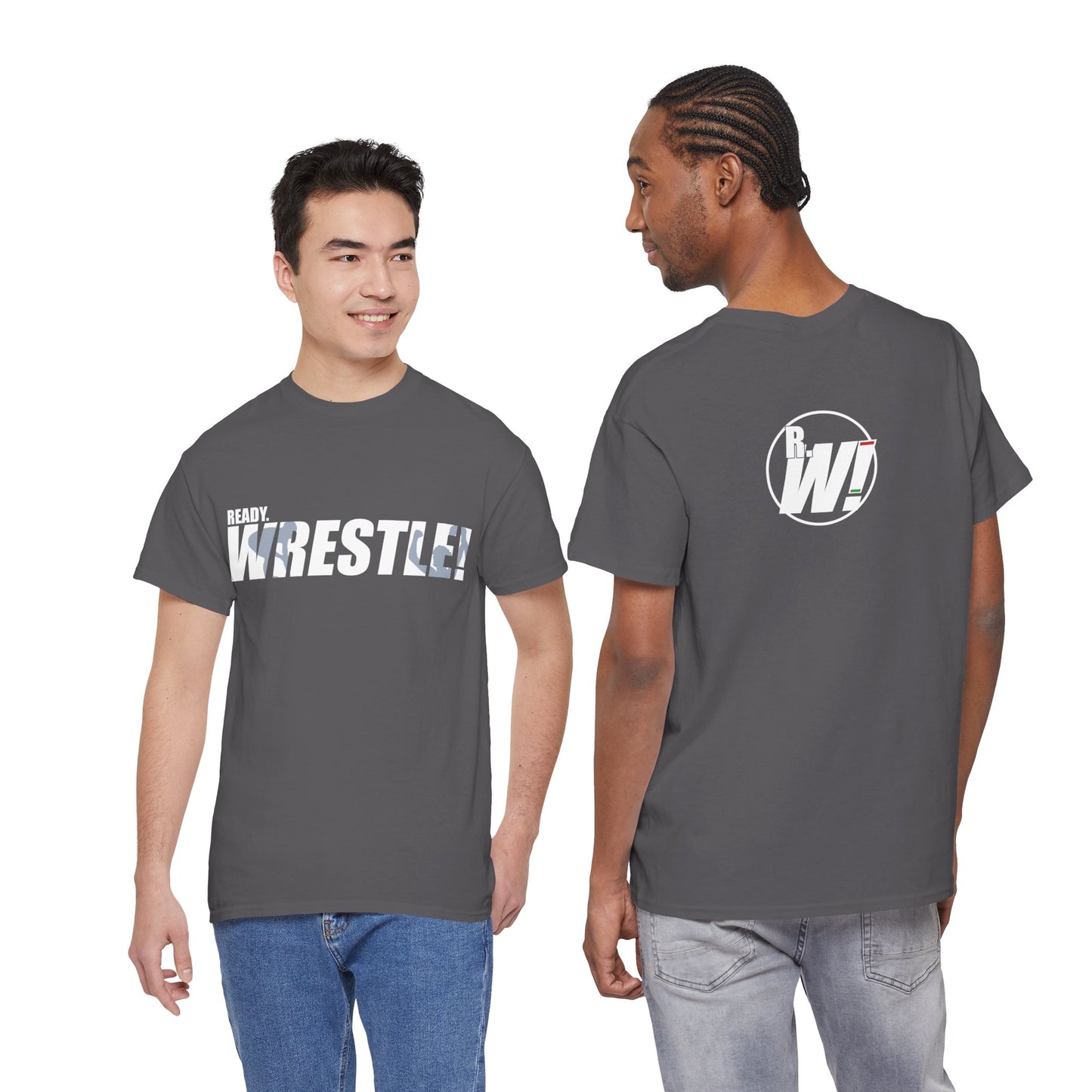 Ready. Wrestle! White Logo w/Blue Silhouettes, Unisex Heavy Cotton Tee