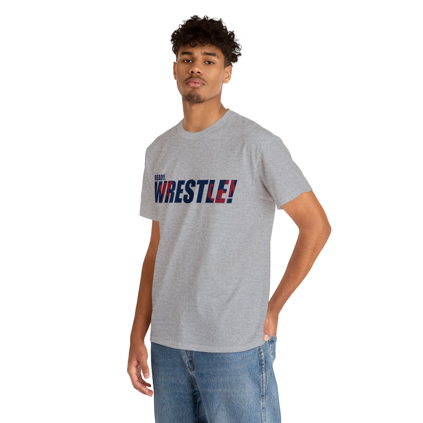 Ready. Wrestle! Navy Logo w/Red Silhouettes, Unisex Heavy Cotton Tee